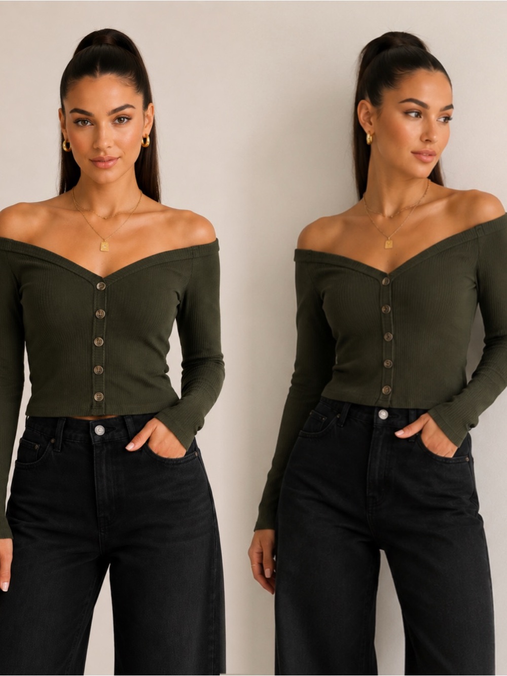 Iris Basic Olive Green Off-Shoulder Ribbed Button Top